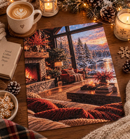 magical winter cabin scene filled with warm lights, crackling fire, snowy views, and cozy coffee vibes.