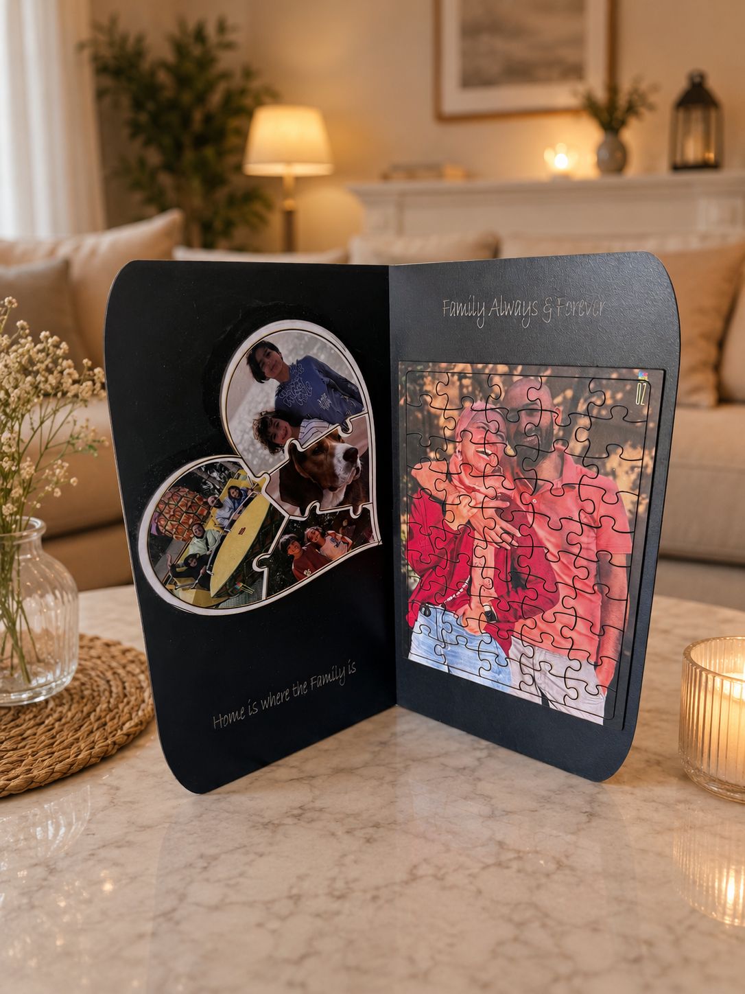 A personalized black wooden keepsake card standing open on a marble table in a warmly lit living room. One side holds two custom photo cutouts, and the other side shows a partially assembled puzzle with a red floral design.